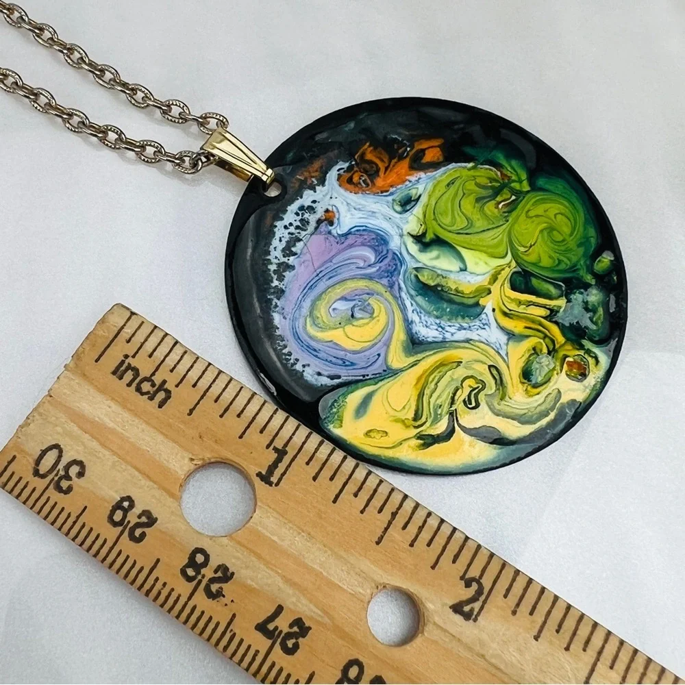 Vintage Abstract Art Pendant Necklace Long Silvertone Chain Statement